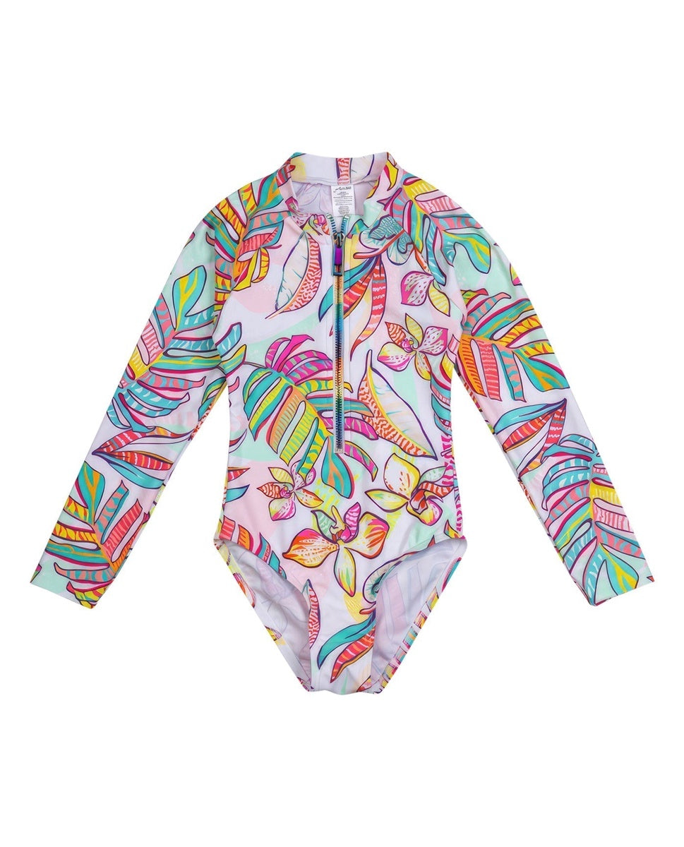  Gottex Kids Palm Island Long Sleeve Zip Up Rash Guard One Piece Swimsuit - GOTTEX KIDS PALM ISLAND - Bonton