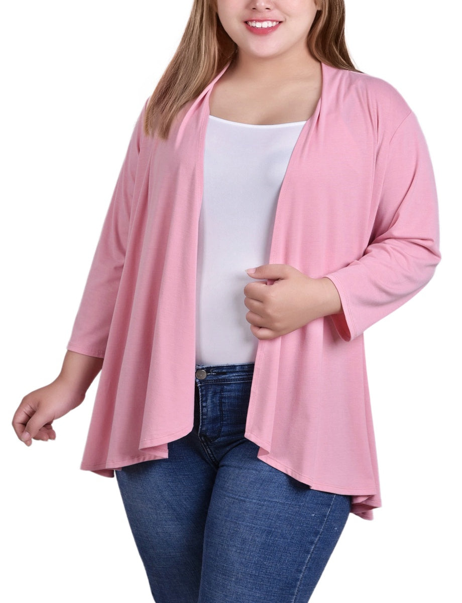  NY Collection Plus Size 3/4 Sleeve Solid Cardigan - Bridal Rose - Bonton