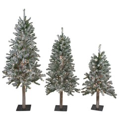 Pre-Lit Slim Flocked Alpine Artificial Christmas Trees - 5' - Clear Lights - Set of 3