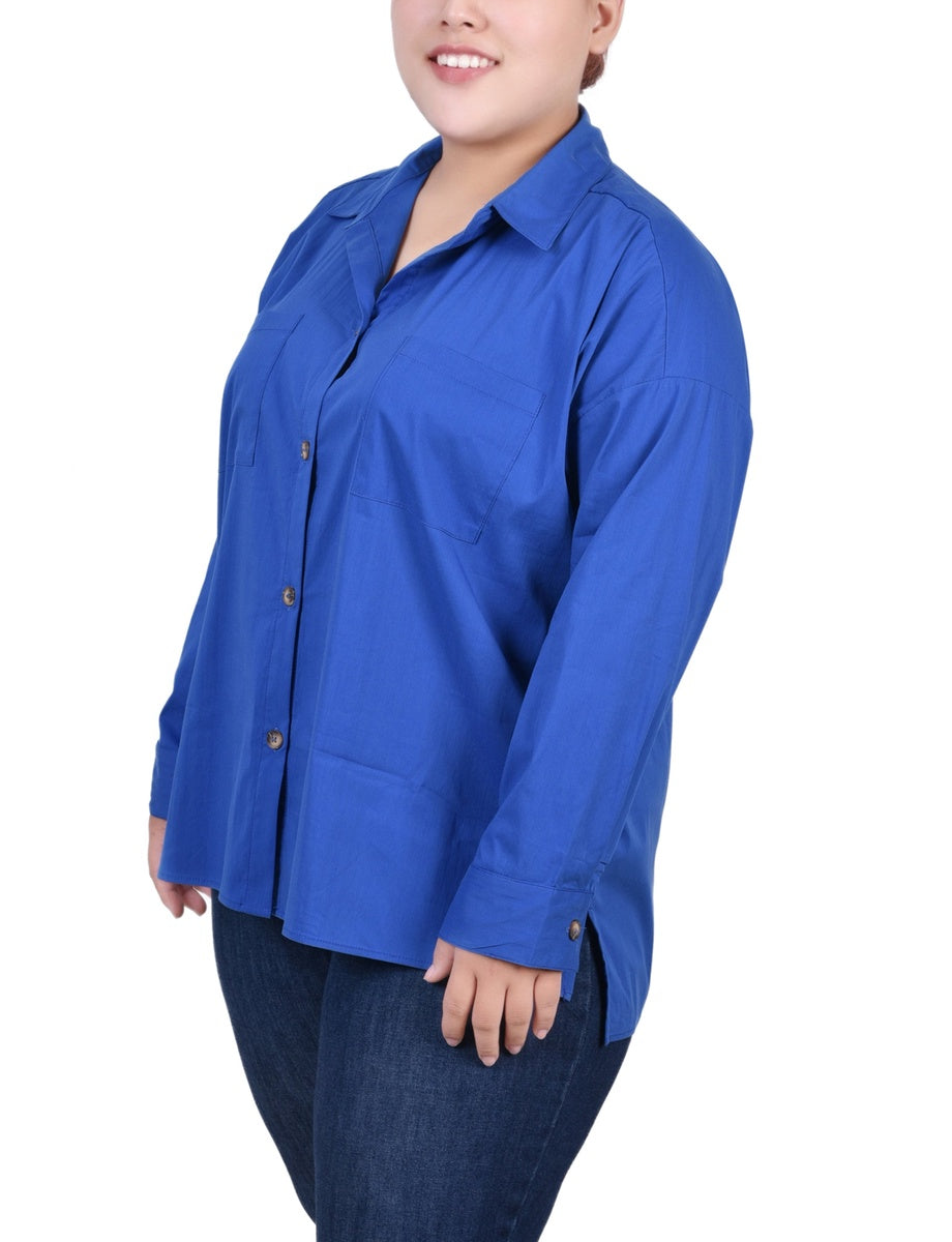  NY Collection Plus Size Long Sleeve Blouse With Chest Pockets - Electric Blue Lemonade - Bonton