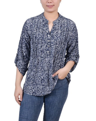 3/4 Roll Tab Sleeve Y Neck Top