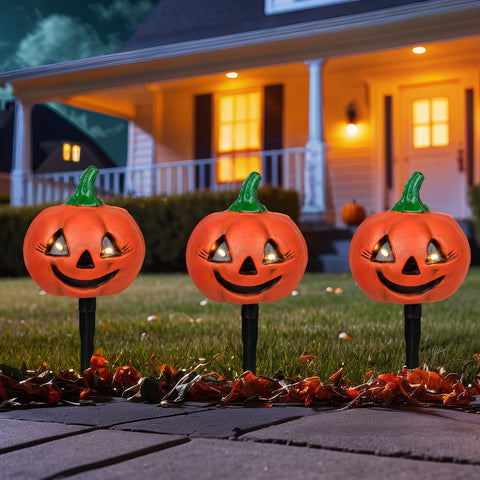LED Lighted Jack-O-Lantern Halloween Pathway Markers - Clear Lights - Set of 3