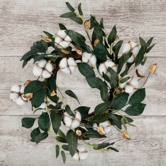 White Cotton Flowers With Foliage Spring Twig Wreath - 18" - Unlit