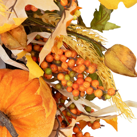 Velvet Pumpkins and Wheat Artificial Fall Harvest Wreath - 24-Inch  Unlit