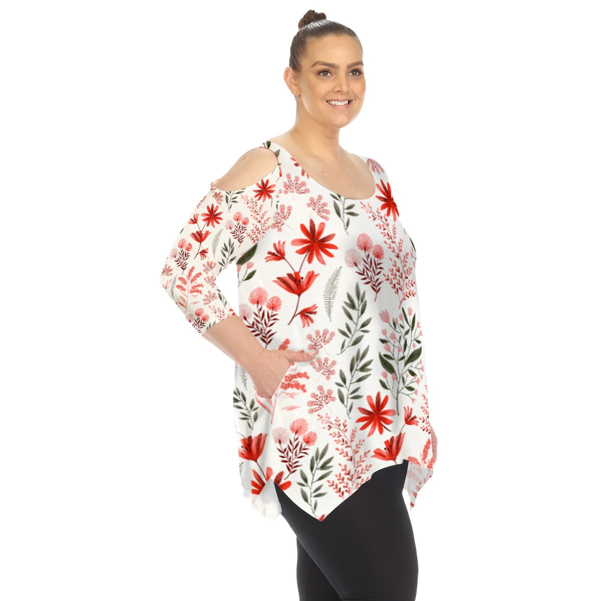  White Mark Plus Size Floral Printed Cold Shoulder Tunic - 1X - Bonton