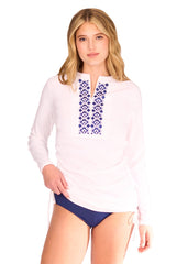 White Embroidered Convertible Ruched Rashguard