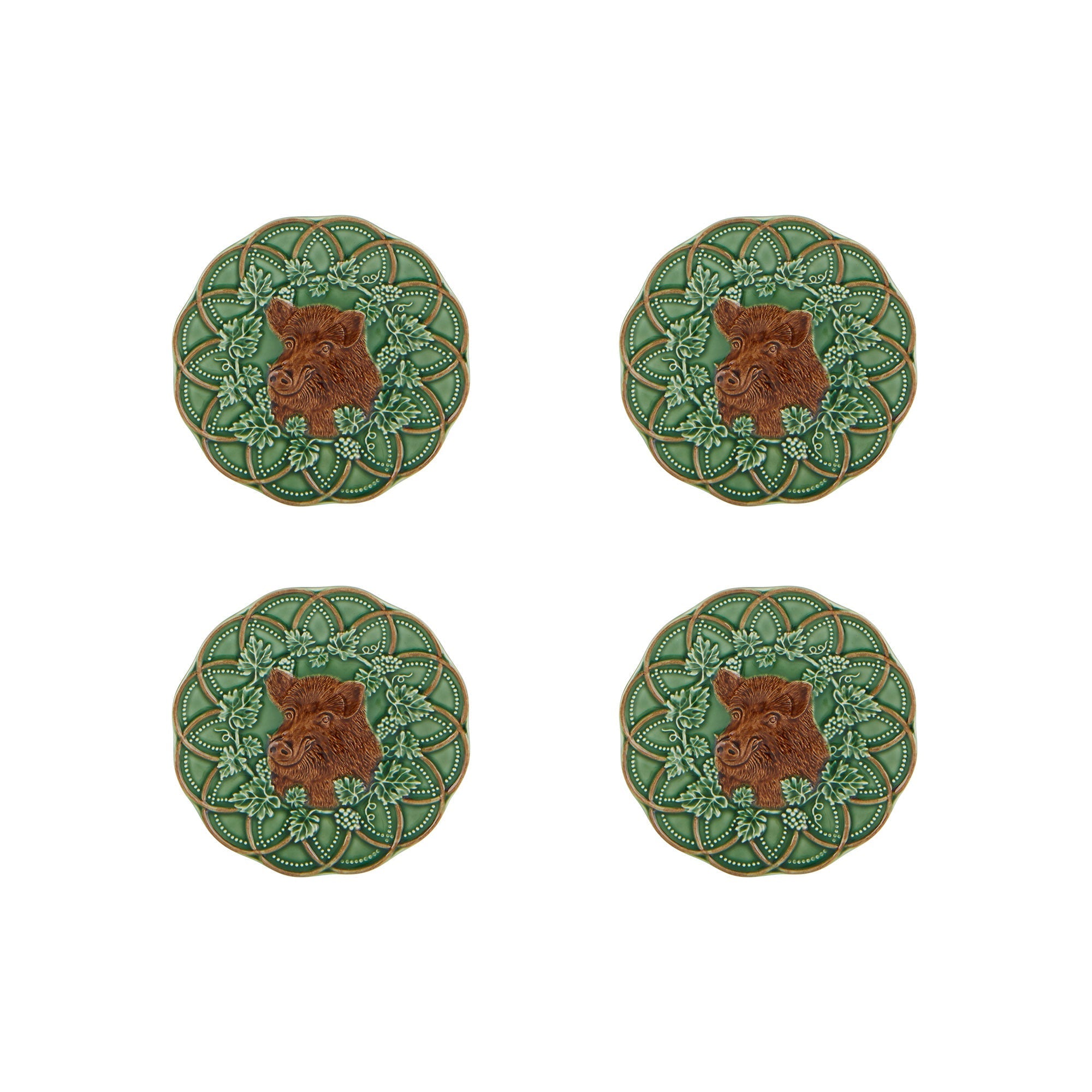  Bordallo Pinheiro Woods Boar Bread & Butter Plates Set of 4 - Green - Bonton