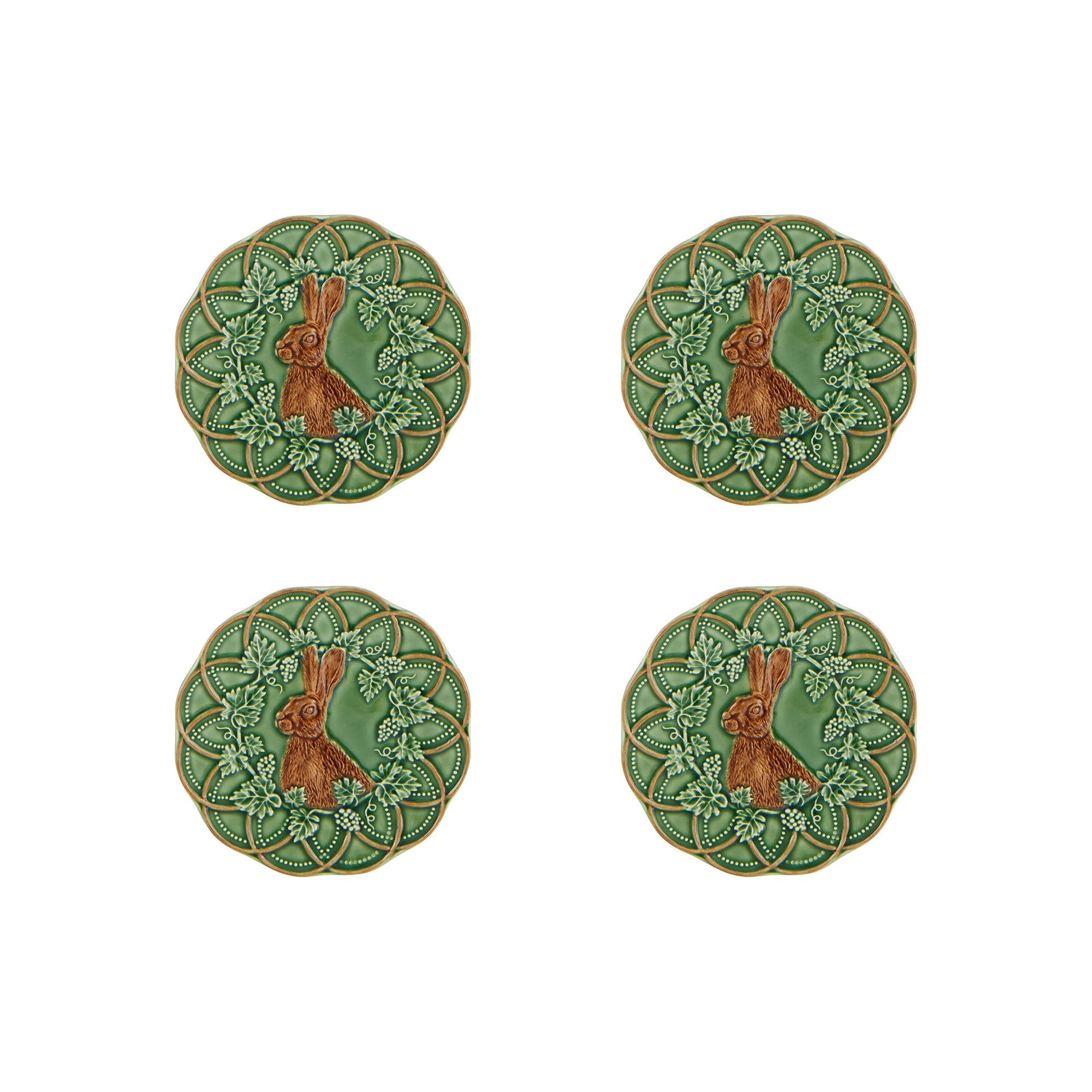  Bordallo Pinheiro Woods Hare Bread & Butter Plates Set of 4 - Green - Bonton