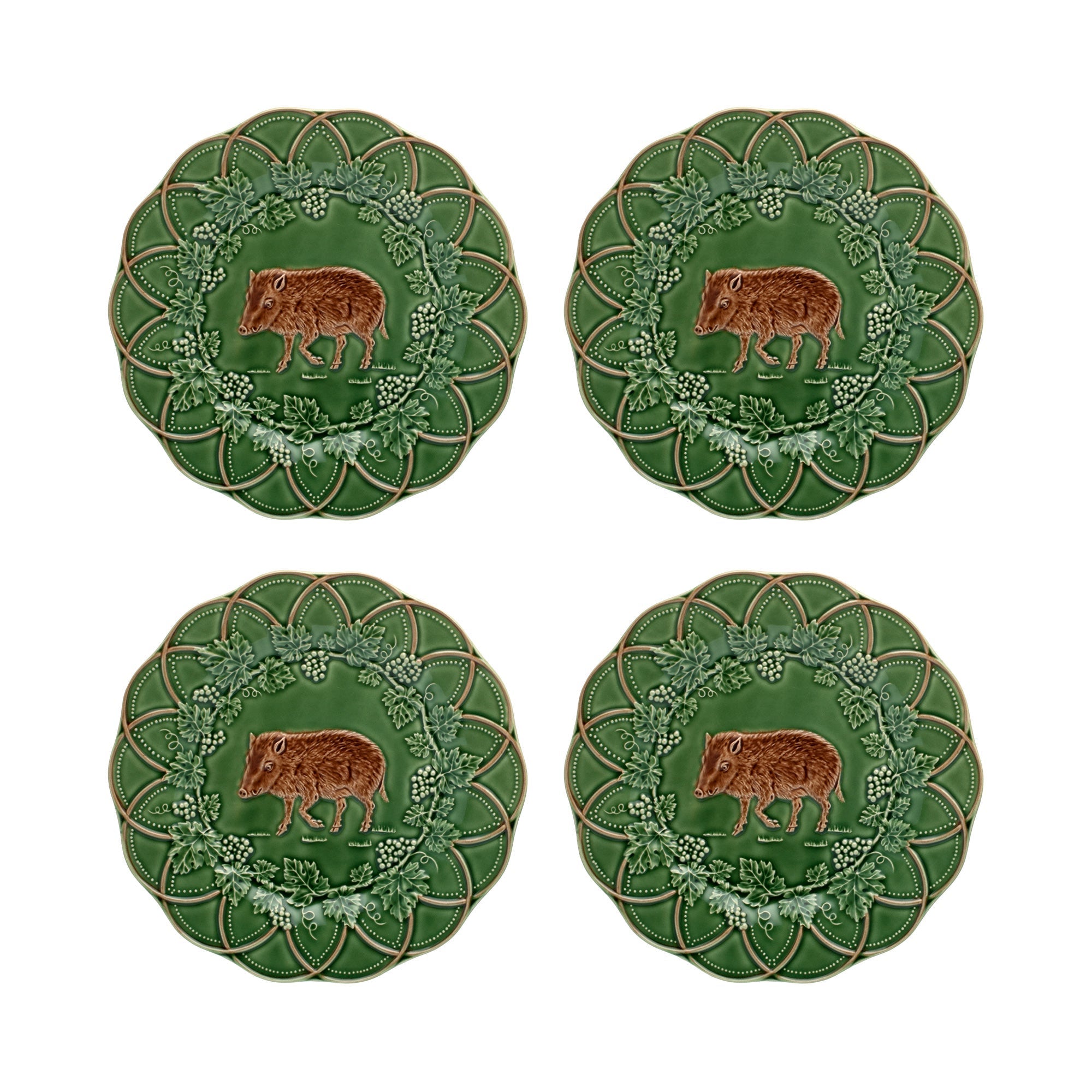  Bordallo Pinheiro Woods Boar Snack Plates Set of 4 - Green - Bonton