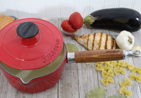 French Enameled Cast Iron Saucepan, Lid & Wood Handle, 1.3-Quart, Red