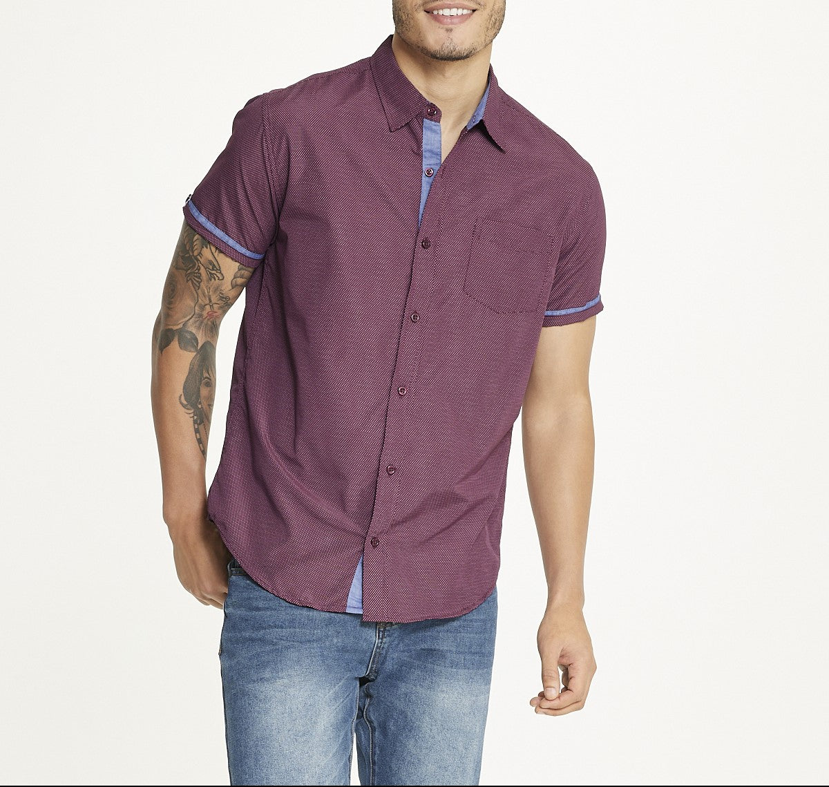  Ditsy Print Short Sleeve Shirt - Burgundy - Bonton