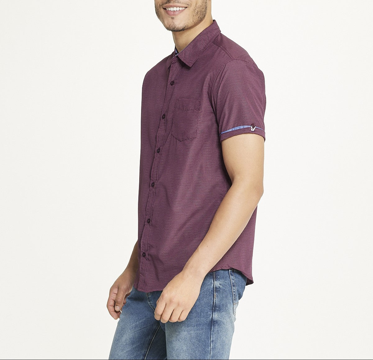  Ditsy Print Short Sleeve Shirt - Burgundy - Bonton