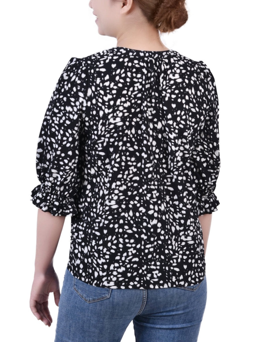  NY Collection Petite Elbow Sleeve Y Neck Blouse - Ivory Brushed - Bonton