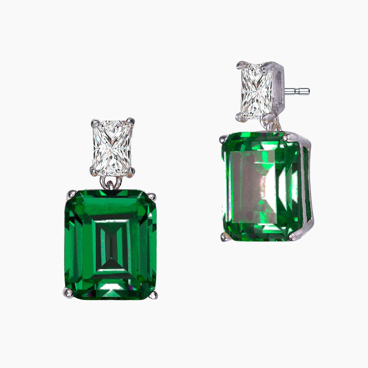  Rachel Glauber White Gold Plated With Colored Cubic Zirconia Rectangle Stud Earrings - Green - Bonton