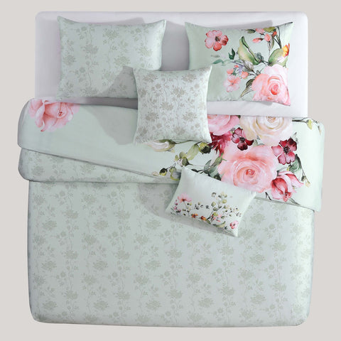 Rose on Misty Green 100% Cotton 5-Piece Reversible Comforter Set