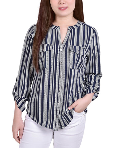 Petite 3/4 Sleeve Roll Tab Y Neck Blouse