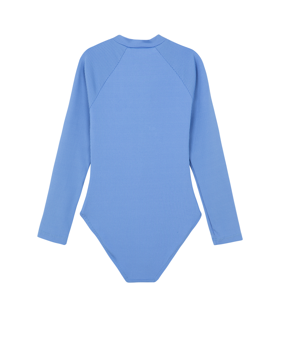  Gottex Kids Summer Rib Textured Long Sleeve Zip Front One Piece - Blue - Bonton