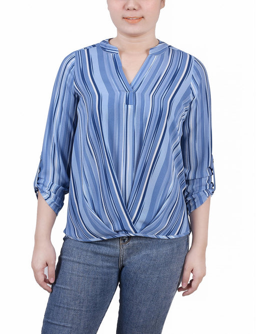 Petite 3/4 Sleeve Mandarin Collar Blouse With Front Pleats
