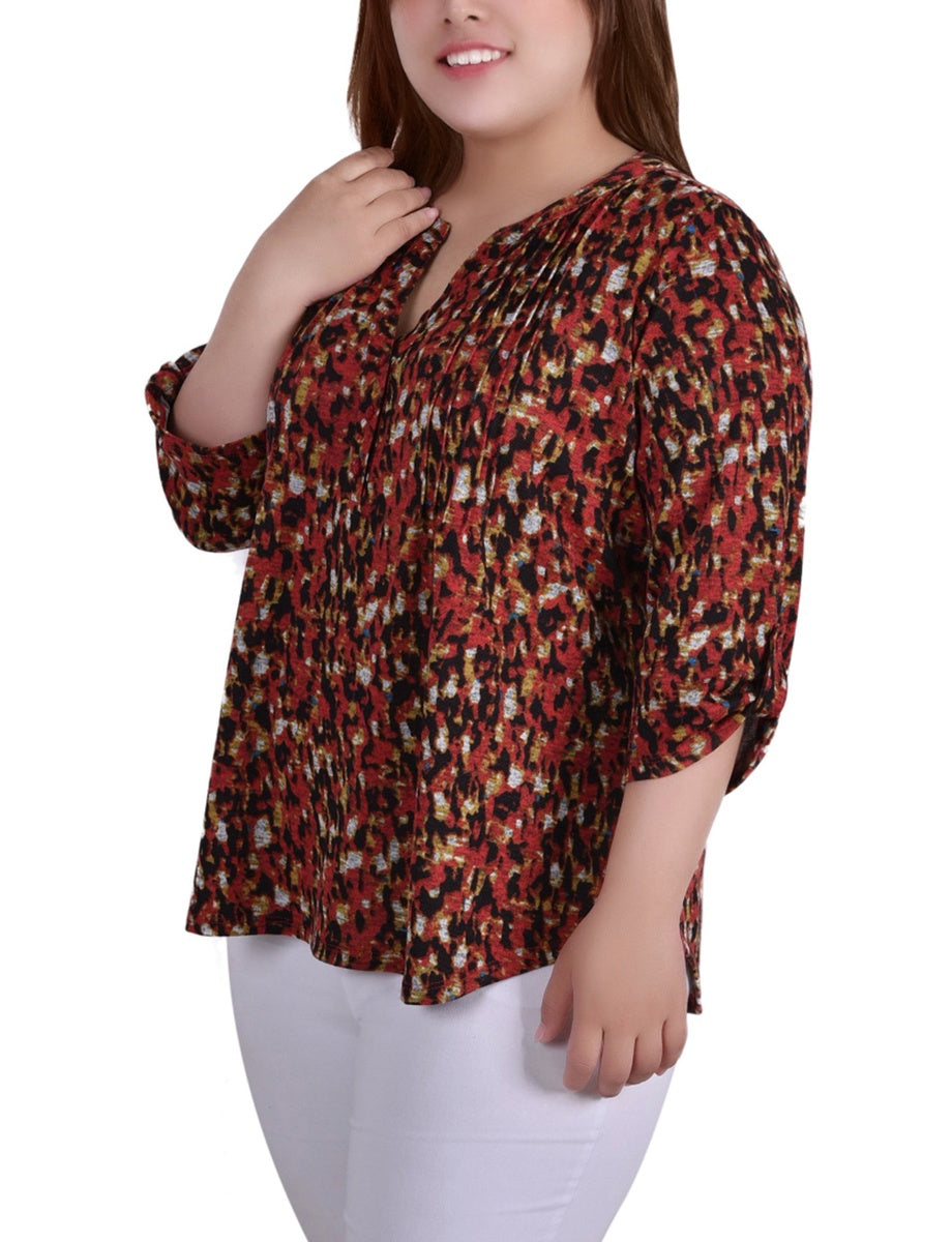  NY Collection Plus Size 3/4 Roll Sleeve Top - Black Grey Animal - Bonton