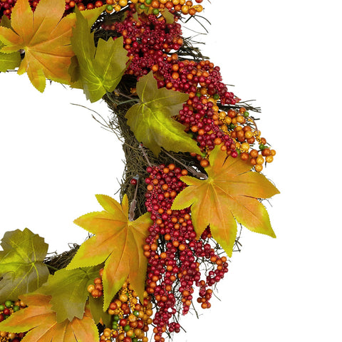 Maple Leaf and Berry Twig Artificial Fall Harvest Wreath  22-Inch