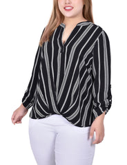 Plus Size 3/4 Sleeve Mandarin Collar Blouse With Front Pleats