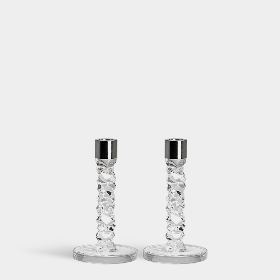  Orrefors Carat Candlestick Small Pair - Clear With Stainless Steel - Bonton