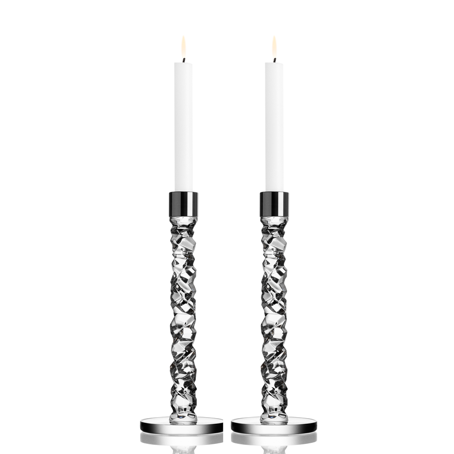  Orrefors Carat Candlestick Large Pair - Clear With Stainless Steel - Bonton