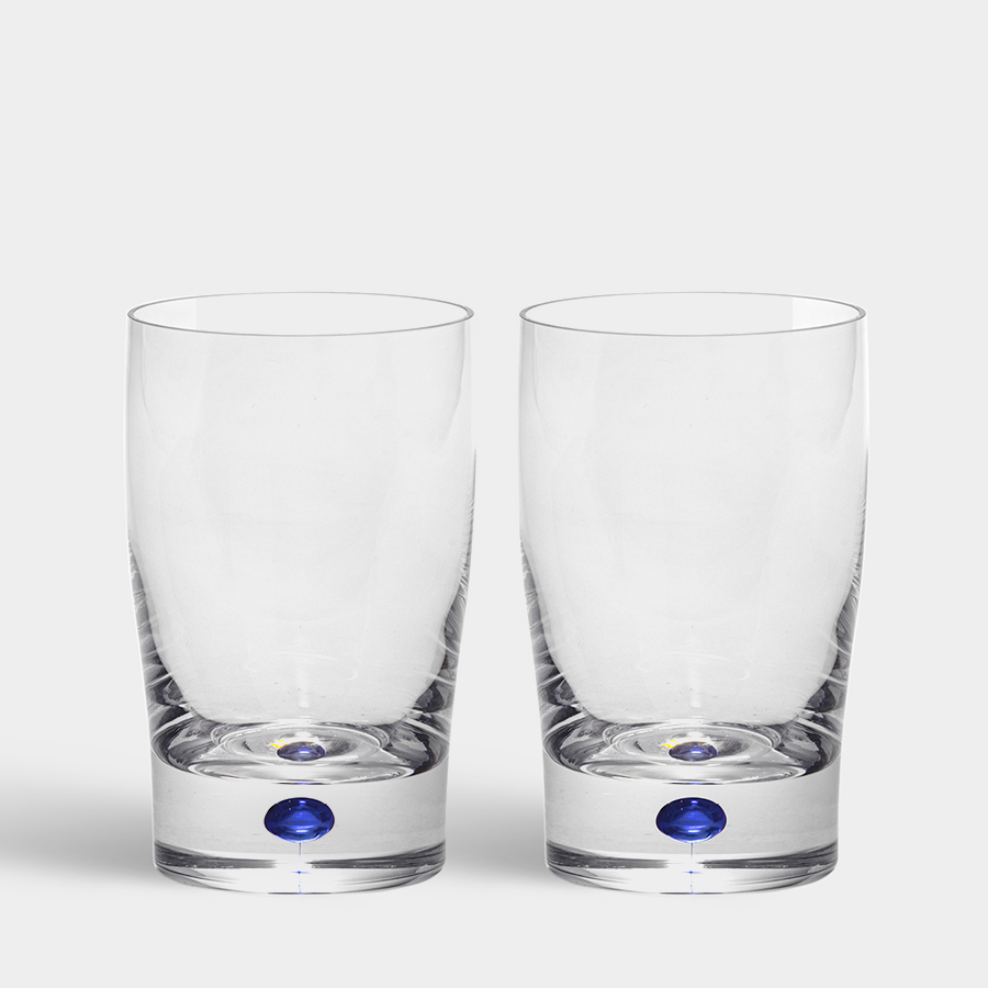  Orrefors Intermezzo Tumbler Juice Glass Pair - Clear/ Blue Teardrop - Bonton