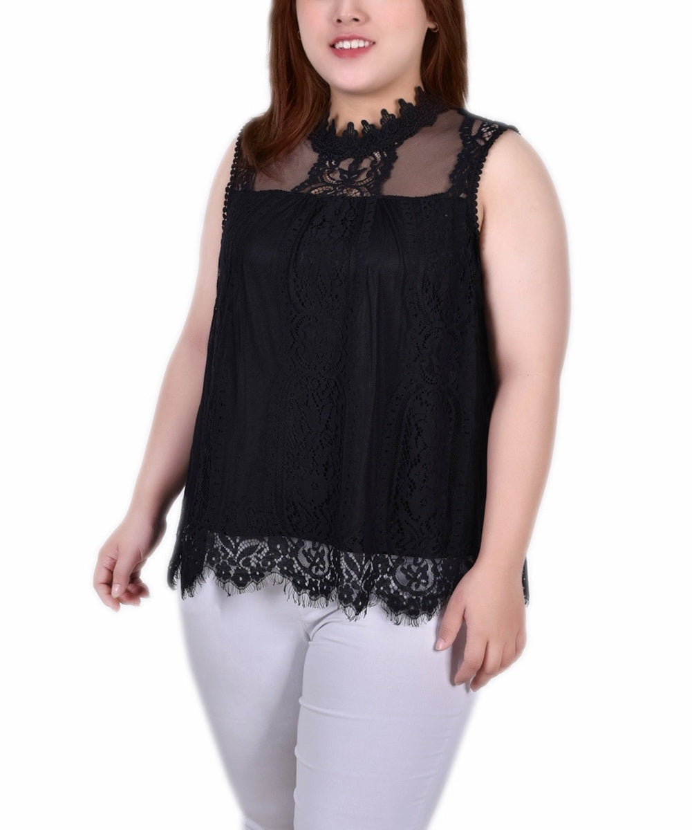  NY Collection Plus Size Sleeveless Mock Neck Lace Top - Black Nude - Bonton