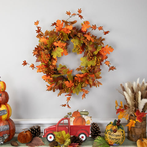 Fall Harvest Gold Berries and Autumn Leaves Artificial Twig Wreath - 22-Inch  Unlit