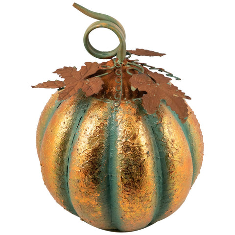 Autumn Harvest Pumpkin Metal Decoration - 13" - Orange and Green