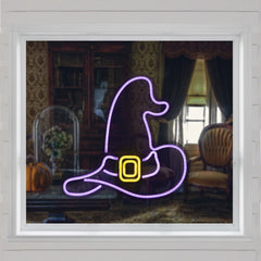 LED Lighted Neon Style Witch Hat Halloween Window Silhouette - 15" - Purple