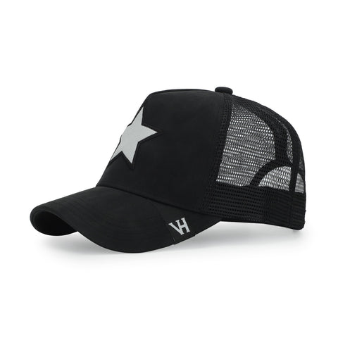 Vintage Havana Trucker Hat for Women & Men – Black Faux Nubuck Leather & Mesh Adjustable Cap With White Cracked Leather Star