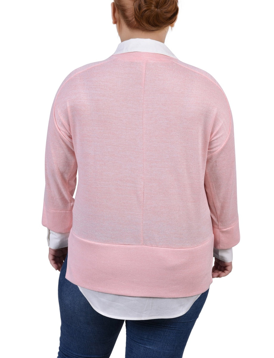  NY Collection Plus Size Long Sleeve Two-Fer Top - Peach White - Bonton