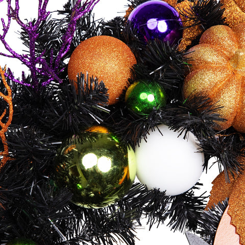 Jack-O-Lantern in Witches Hat Halloween Pine Wreath  24-Inch  Unlit