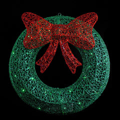 24" LED Lighted Green Glitter Wreath With Red Bow Outdoor Christmas Decoration