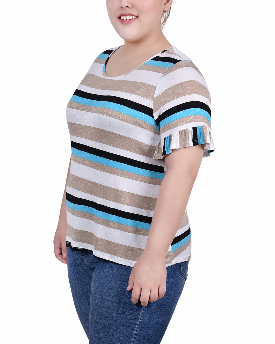  NY Collection Plus Size Short Bell Sleeve Top - Navy Double Stripe - Bonton