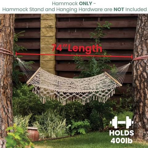 Lattice Macrame Rope Hammock With Wooden Bars - 74" X 59" - Cream