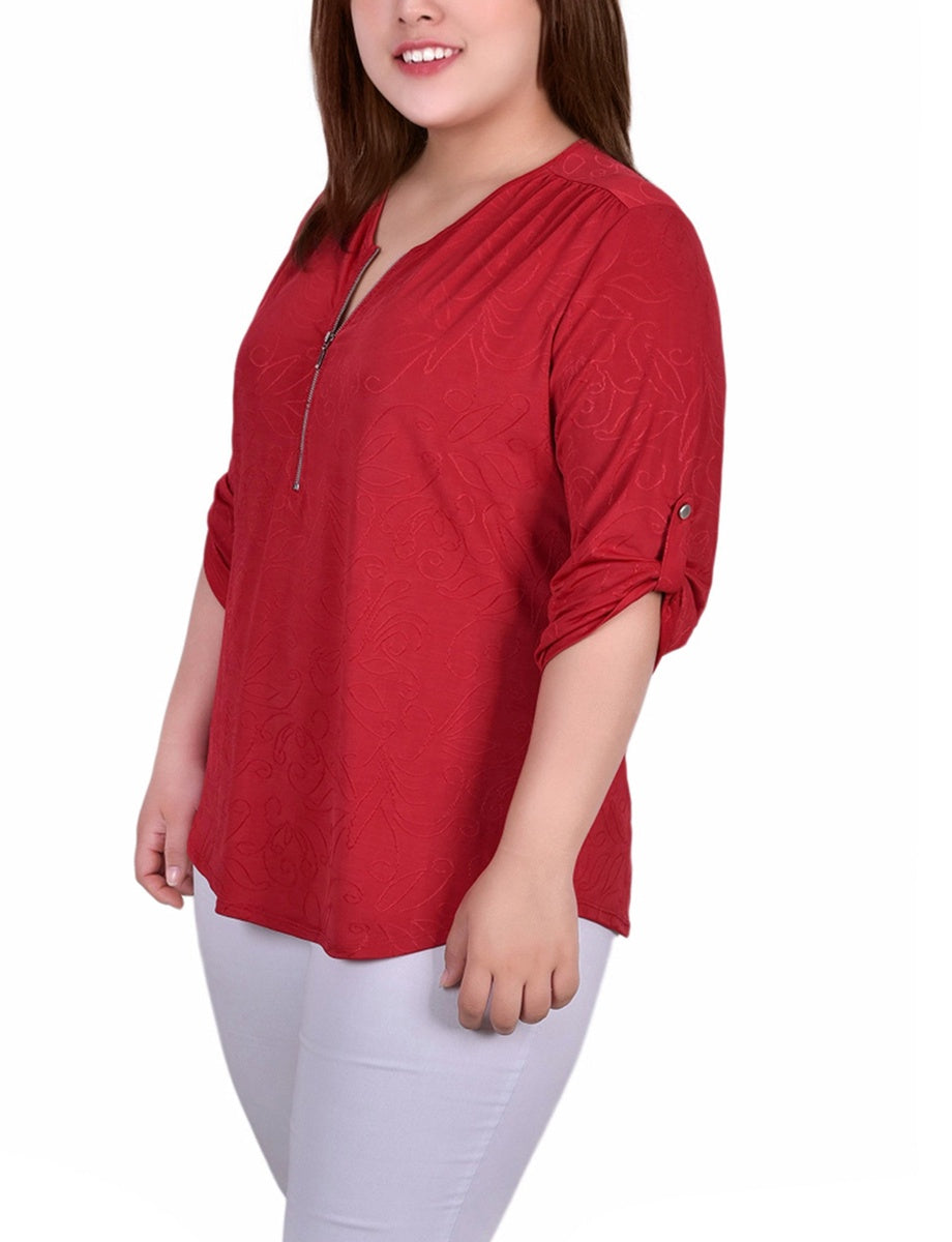  NY Collection Plus Size 3/4 Roll Tab Zip Front Jacquard Knit Top - Red Sakadotduo - Bonton