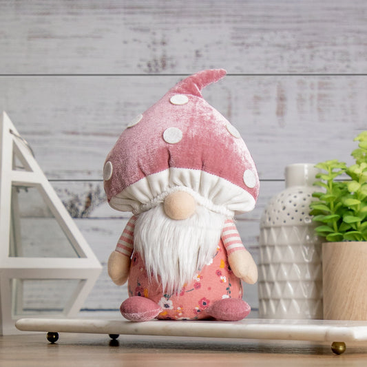 10.5" Pink Springtime Floral Mushroom Gnome