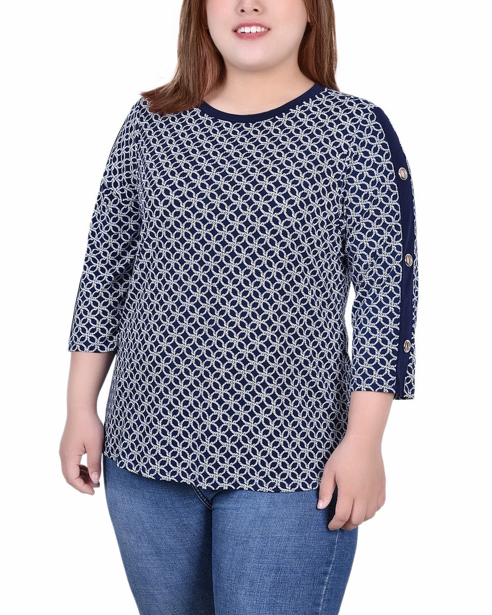  NY Collection Plus Size 3/4 Sleeve Top With Combo Bands and Grommets - Doeskin Quatrefoil - Bonton