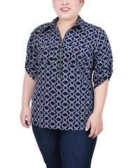 Plus Size 3/4 Roll Tab Sleeve Zip Front Top