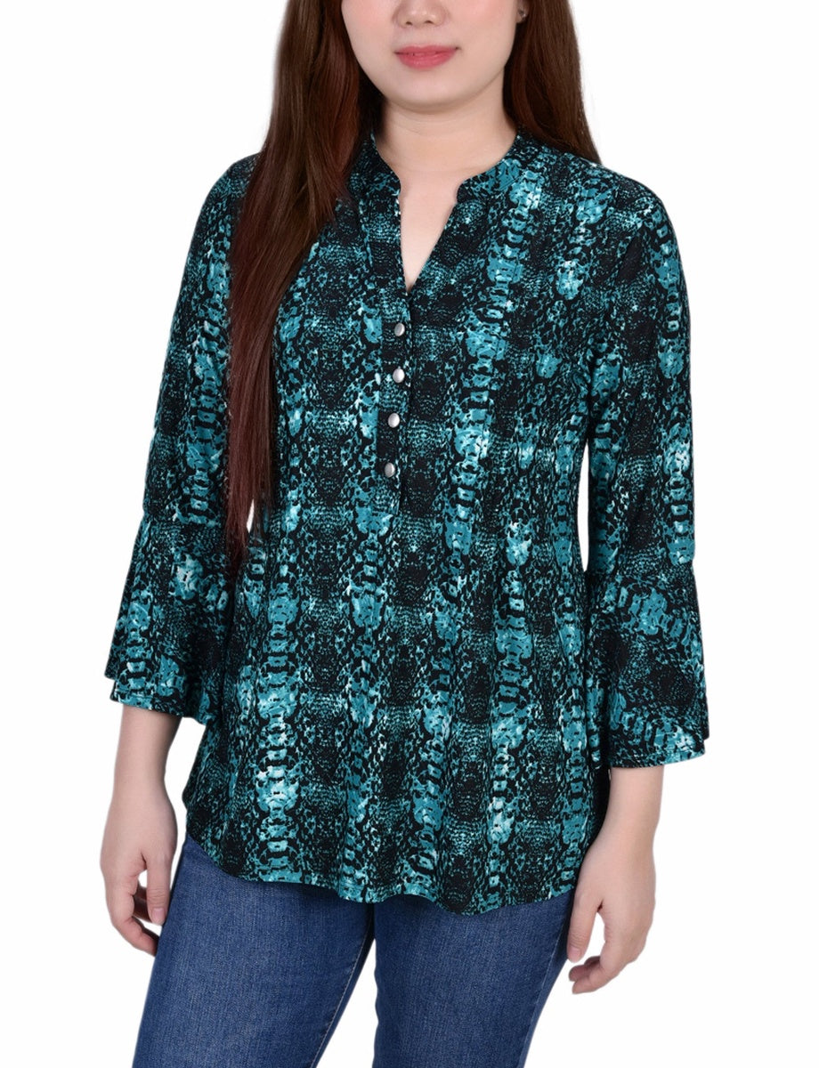  NY Collection 3/4 Bell Sleeve Pleat Front Y Neck Top - Mauve Tie Dye - Bonton