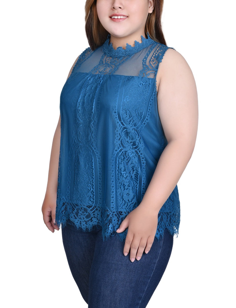  NY Collection Plus Size Sleeveless Mock Neck Lace Top - Black Nude - Bonton
