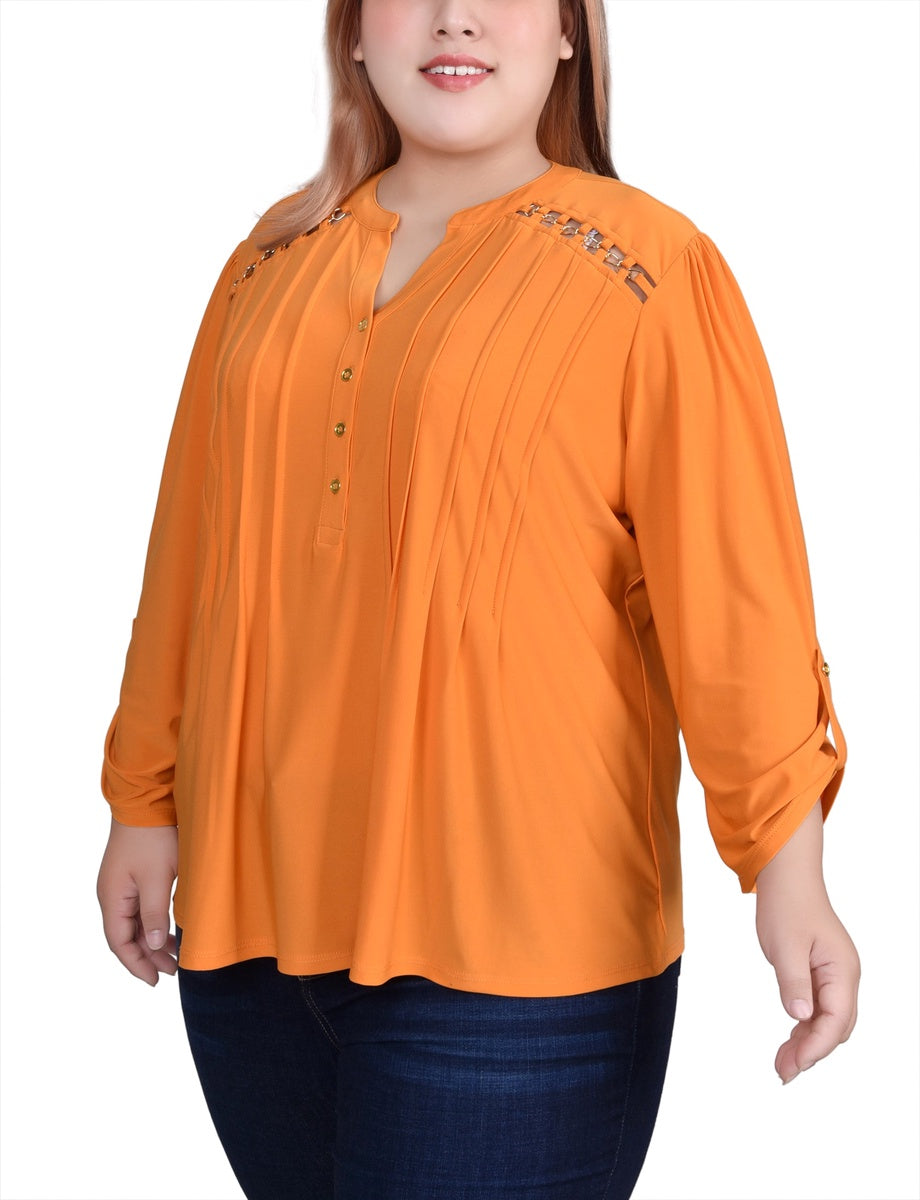  NY Collection Plus Size Long Sleeve Pintuck Front Top With Chain Details - Animal Lilas Dot - Bonton