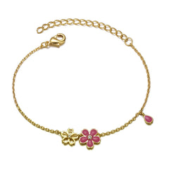 14k Yellow Gold Plated Bracelet With Flower Charm Having Red Enamel for Kids