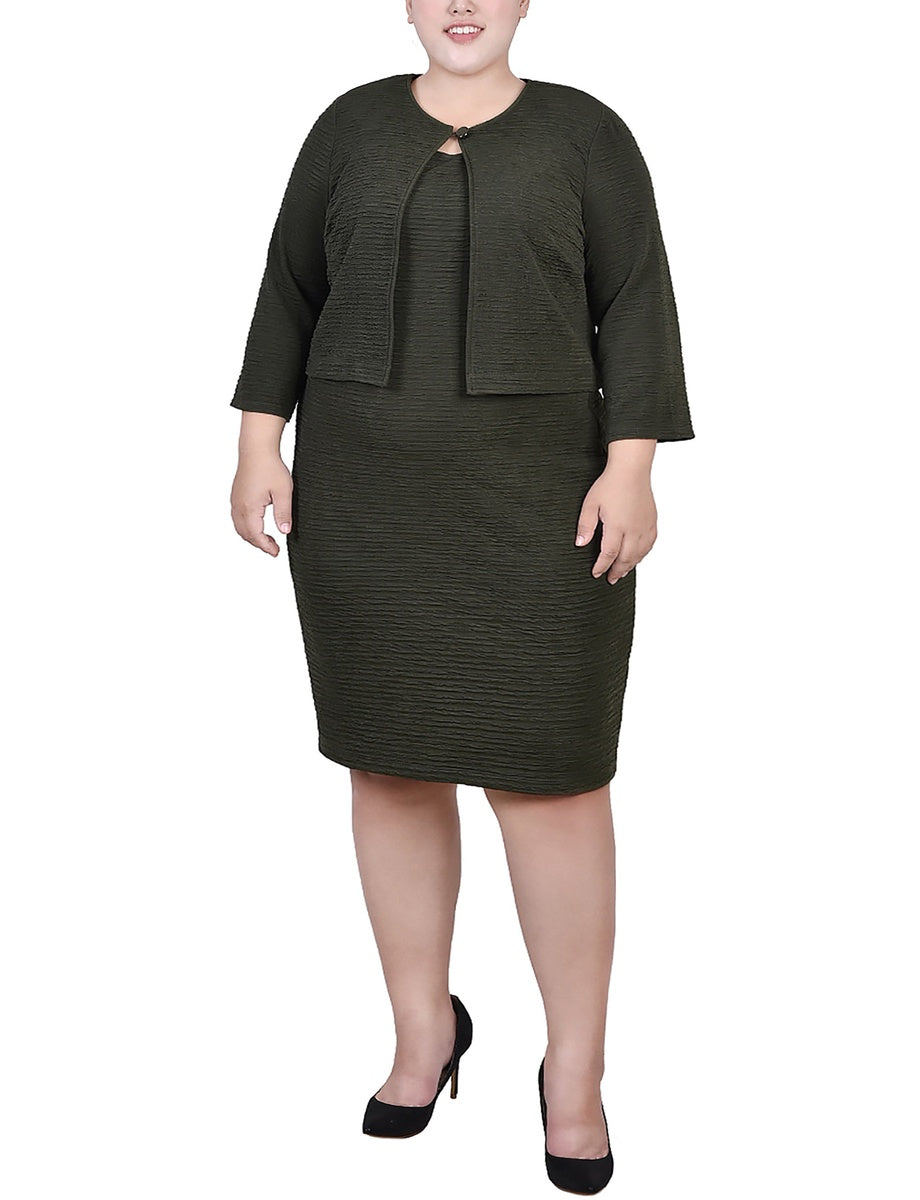  NY Collection Plus Size Textured 3/4 Sleeve 2 Piece Dress Set - Harbor Navy - Bonton