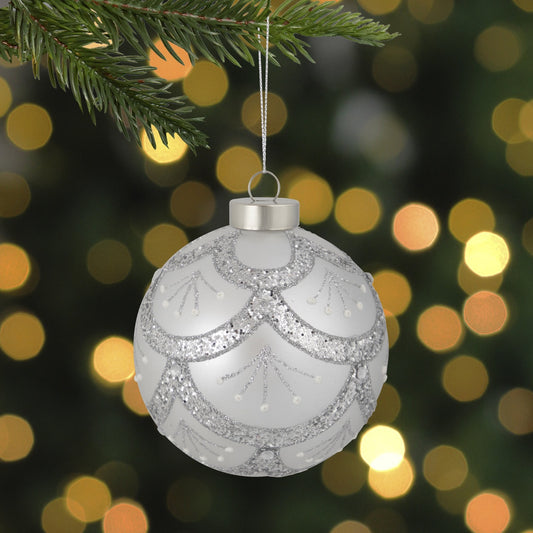 4" Glittered Cosmoid Silver Glass Christmas Ball Ornament