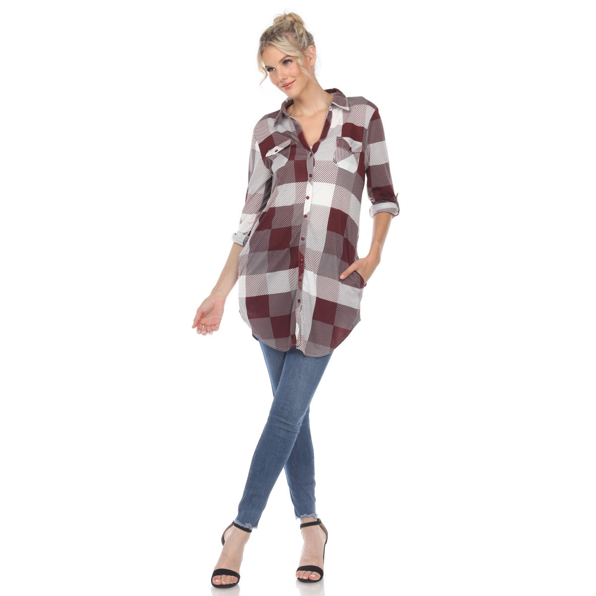  White Mark Women's Plaid Button Down Tunic Top - S - Bonton