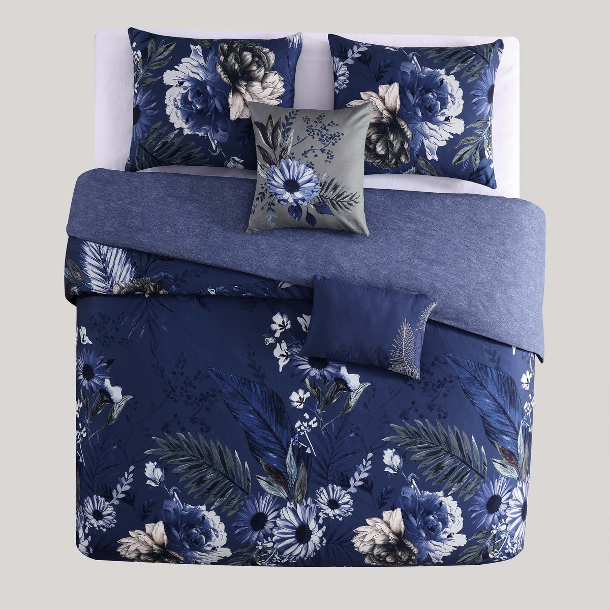  Bebejan Delphine Blue 100% Cotton 5-Piece Reversible Comforter Set - QUEEN - Bonton